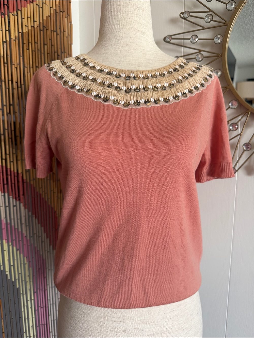 Tory Burch Coral Short-Sleeve Knit Top with Beaded Neckline